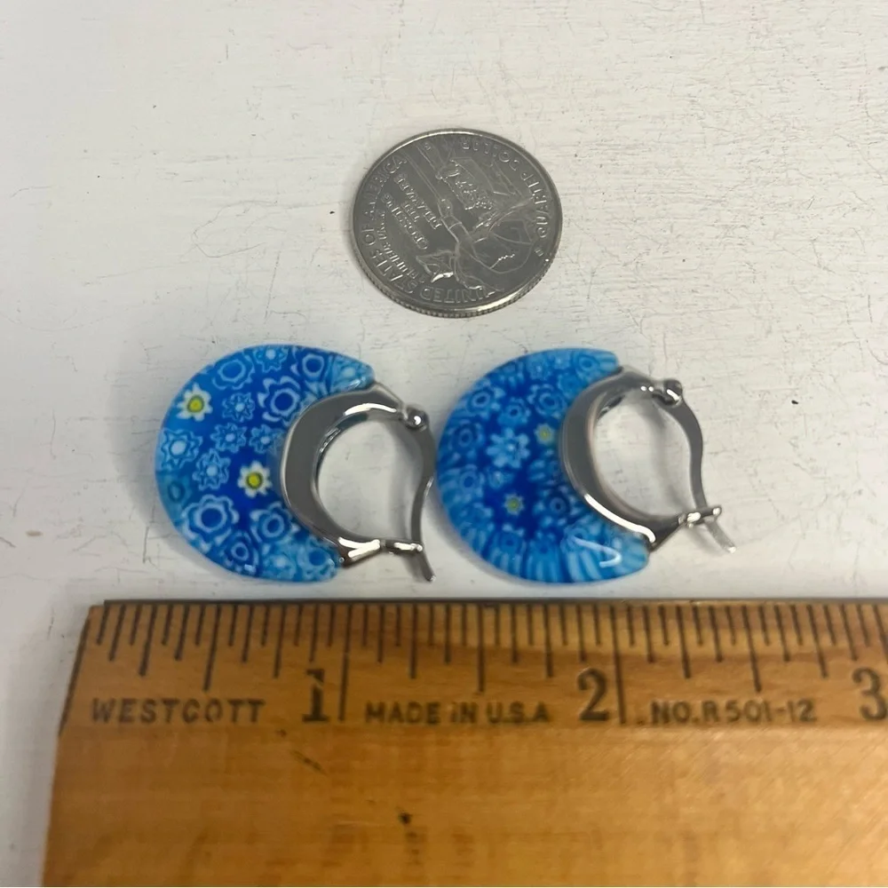 Murano Glass Millefiori Surgical Steel Hoop Earrings Blue Floral Pattern